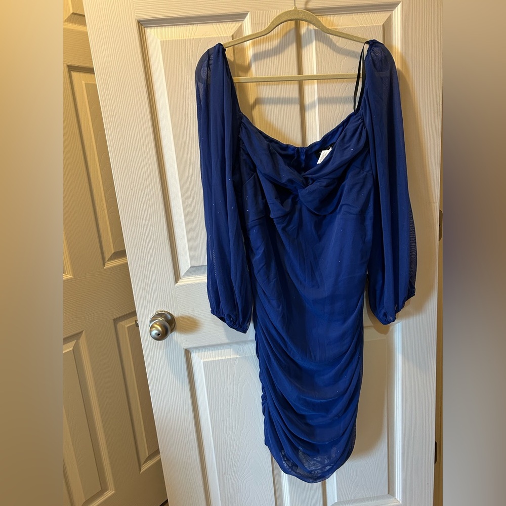 B Darlin Plus 24W Royal Blue Long Sleeve Dress Sparkly Stretchy Snug Fit NWT